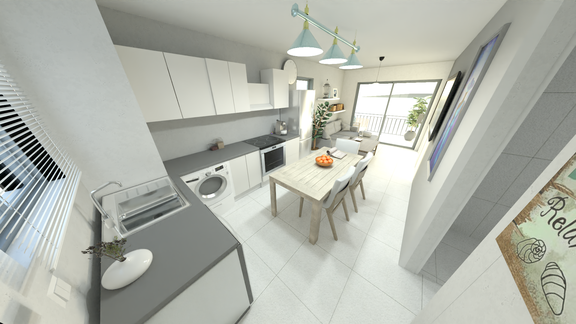 Palm Beach Villas apartment kitchen and living area rendering
