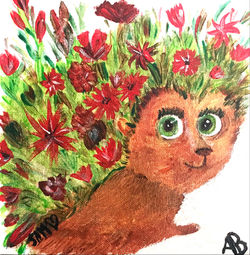 Hérisson fleuri - Acrylique sur carton entoilé