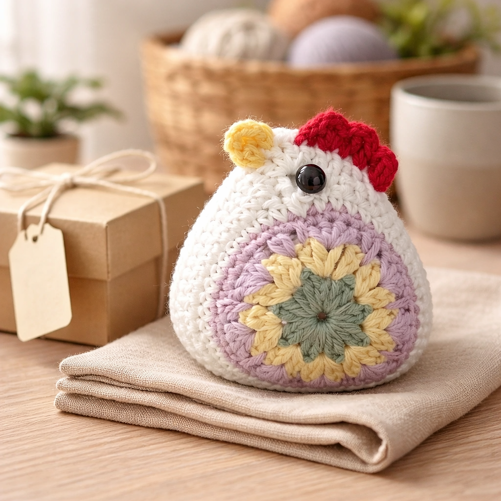 White crocheted chicken with red comb, colorful pattern