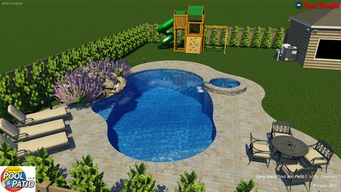 3D rendering of a backyard pool design with a patio, lounge chairs, a hot tub, and a playset
