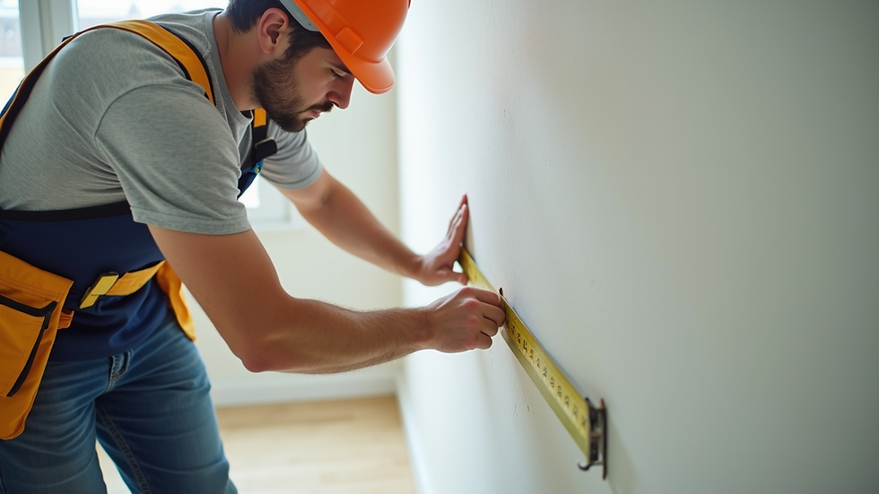 High angle view of a contractor measuring drywall for repair