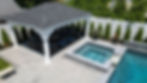 Aerial view of a backyard with a pool, hot tub, and a covered patio with seating