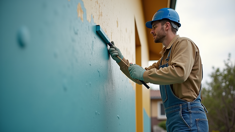 Eye-level view of painter applying exterior paint on a house wall
