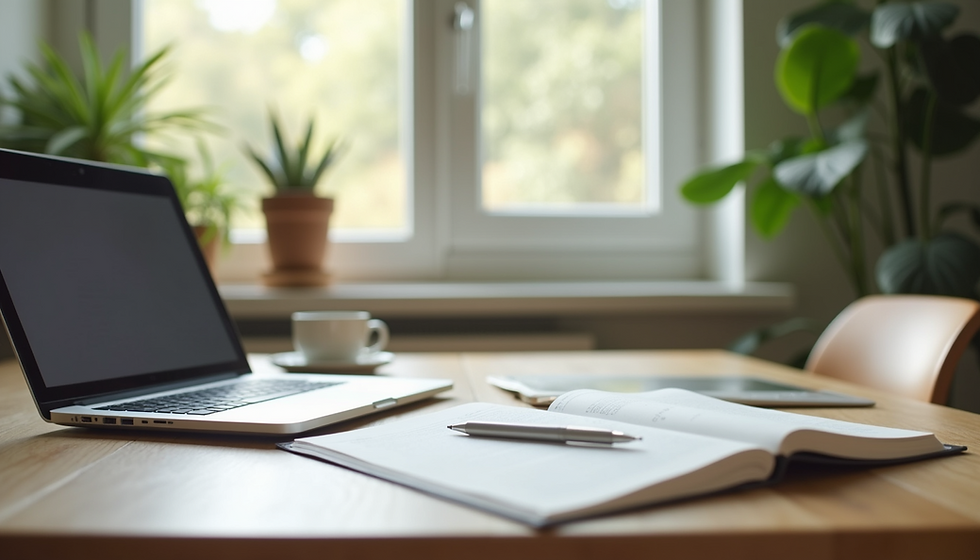 Laptop, notebook, and coffee on desk near window