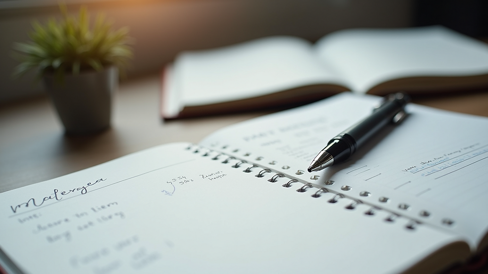 Close-up view of a notebook with marketing strategy notes and a pen