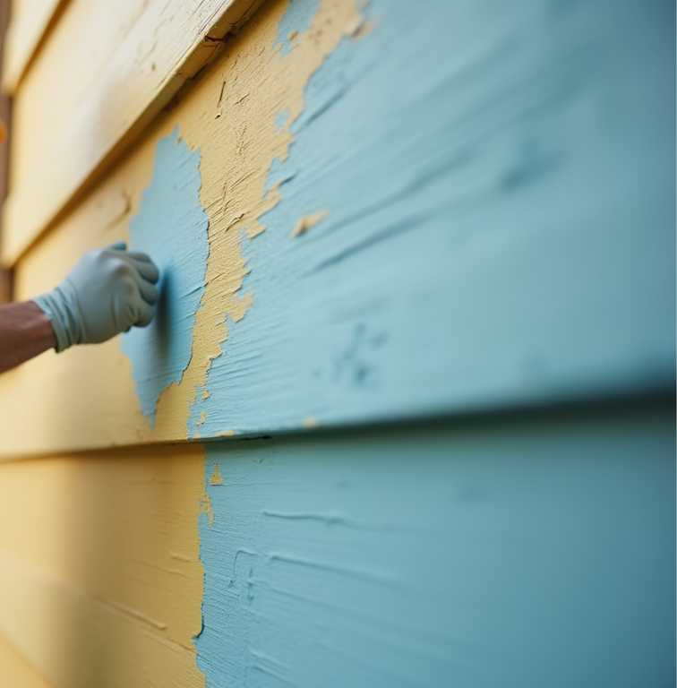 Eye-level view of painter carefully applying paint to a house exterior