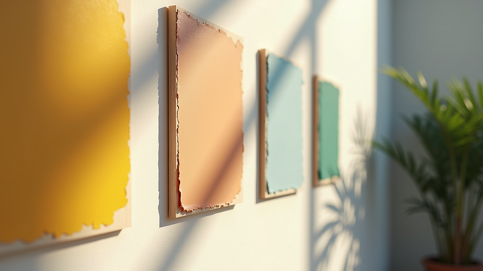 Close-up view of paint swatches on a wall with natural light highlighting different shades