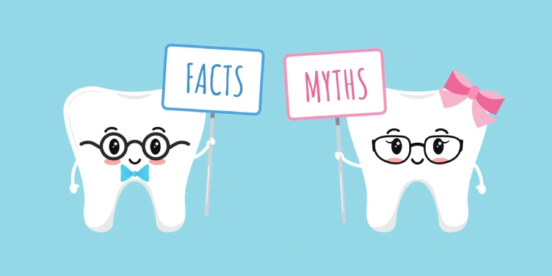 Cute teeth cartoon characters with one holding a Facts sign and the other holding a Myths sign