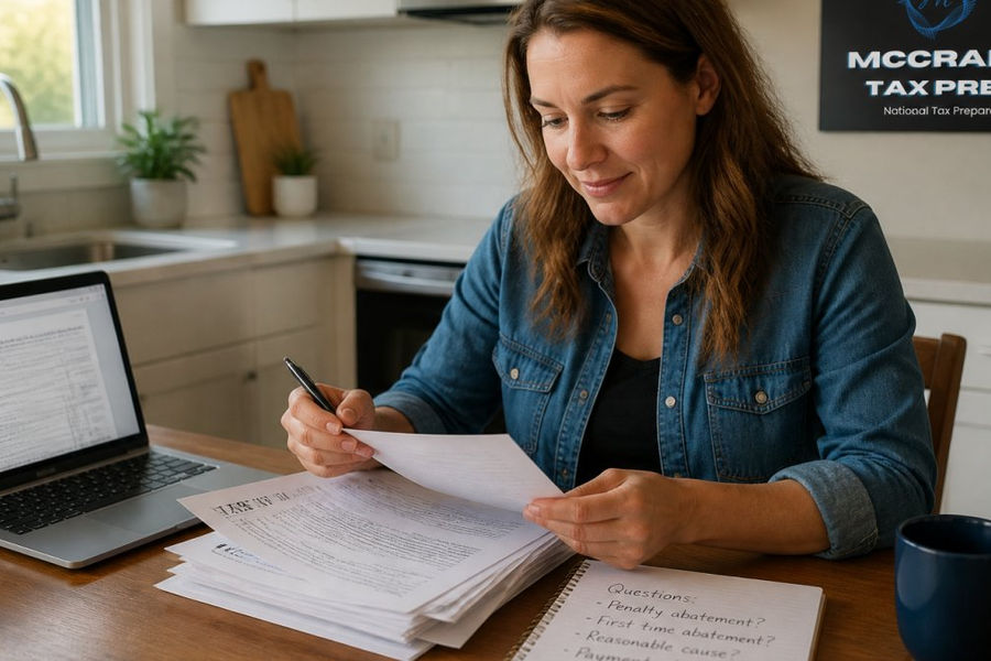 A taxpayer sitting at a kitchen table with a stack of IRS letters, a laptop open to a tax form, and a notepad with handwritten questions, looking focused and a little relieved