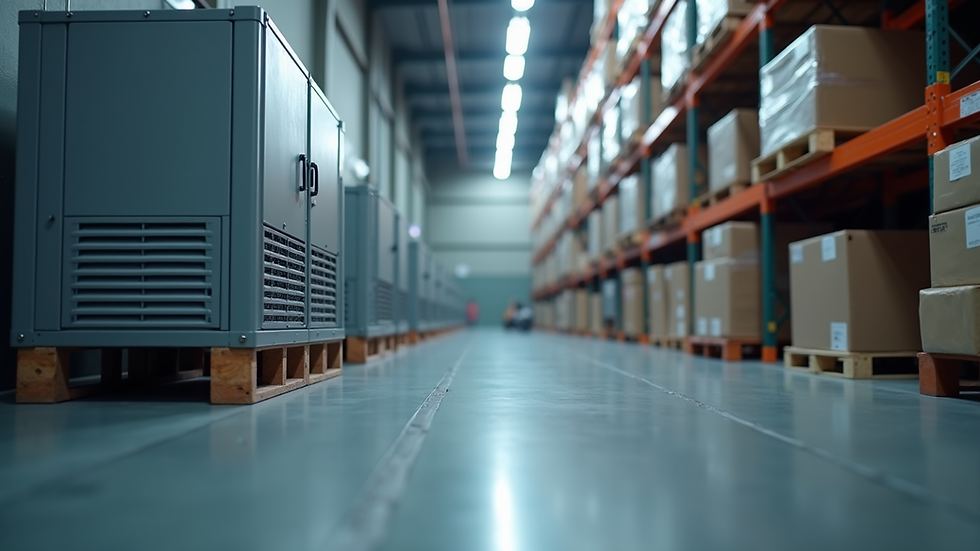 Eye-level view of commercial refrigeration unit installed in a warehouse