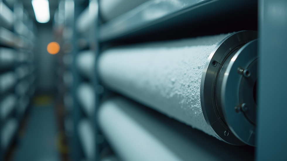 Close-up view of a cylindrical HVAC filter drier installed in a refrigeration system