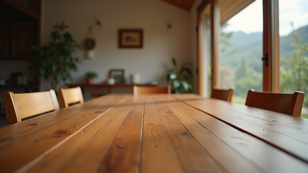 Eye-level view of a beautifully crafted teak dining table set in a cozy dining room