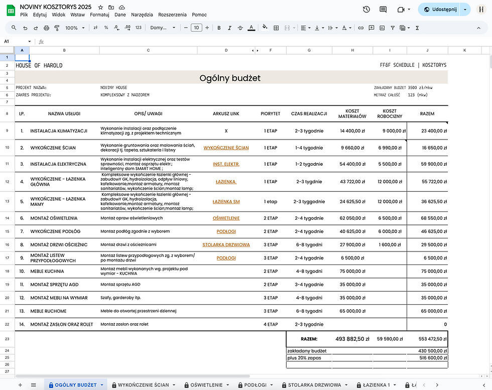 Miniatura: Profesjonalny arkusz Excel „Kosztorys WYKOŃCZENIA wnętrza”