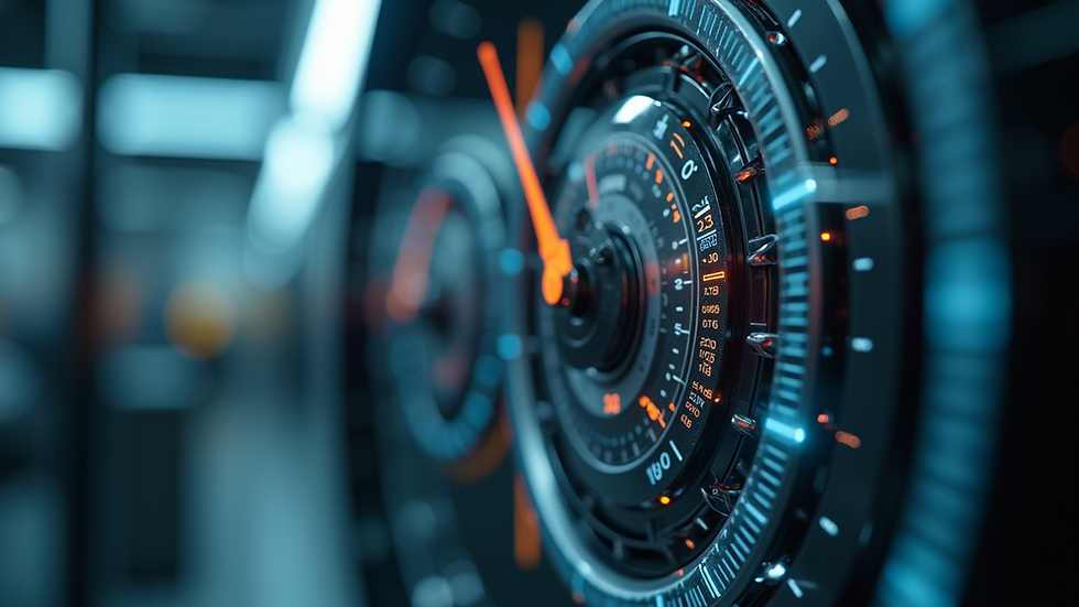 Close-up view of a futuristic clock with digital and mechanical elements