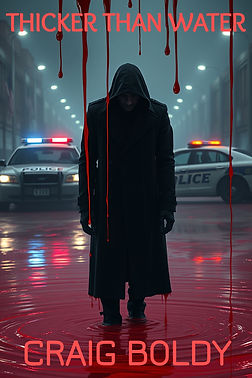 A dark haired vampire detective character stands in the centre of the picture wearing a lo