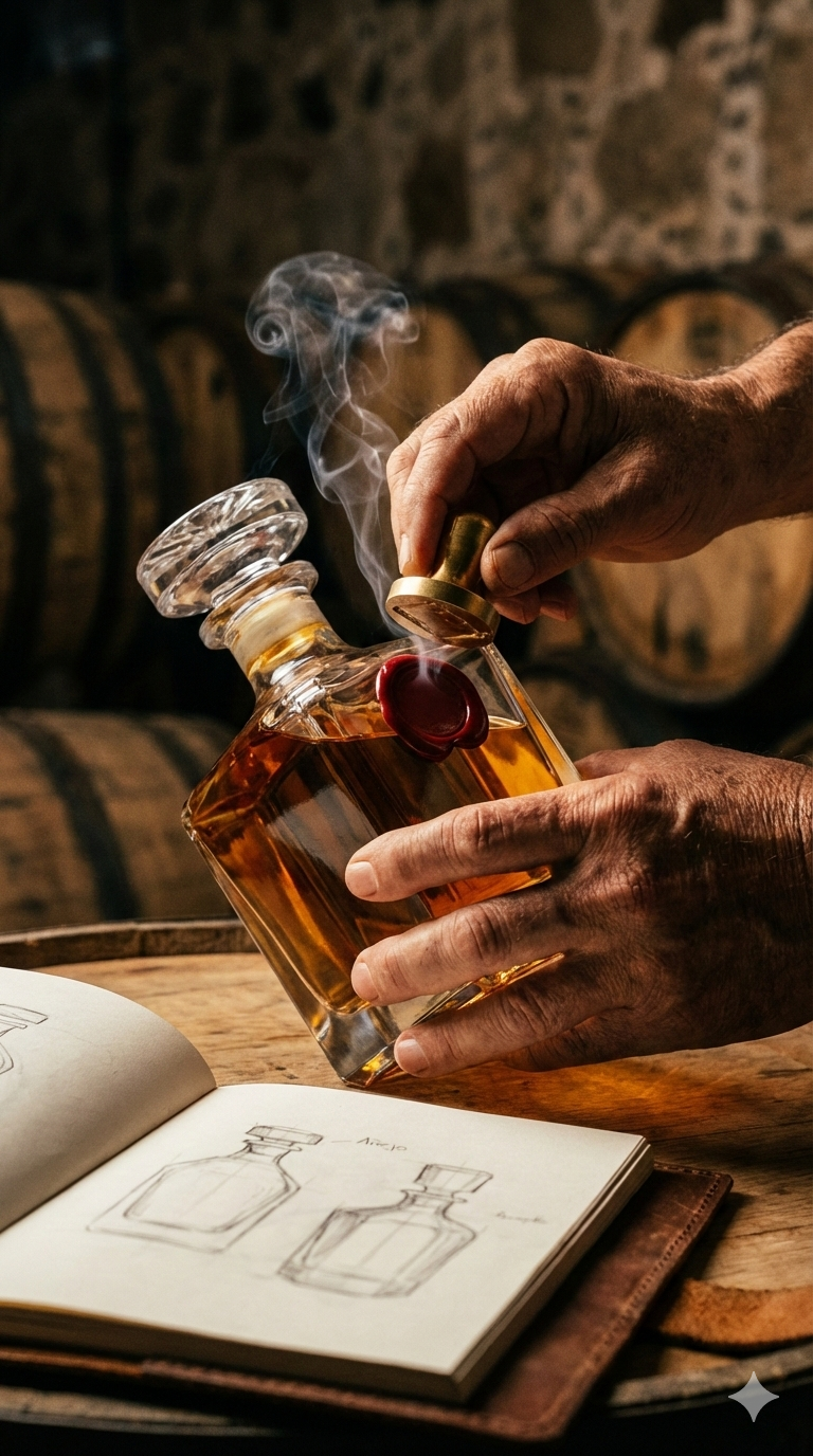 Hands opening a liquor bottle, with smoke, notebooks and barrels in background.
