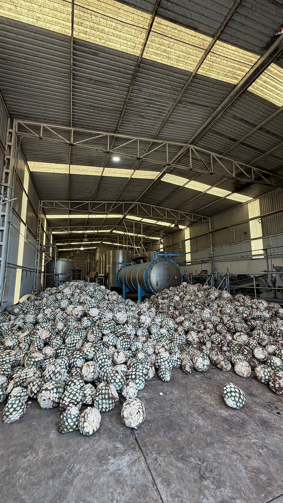 Large warehouse with a pile of BULK large round objects and tanks.