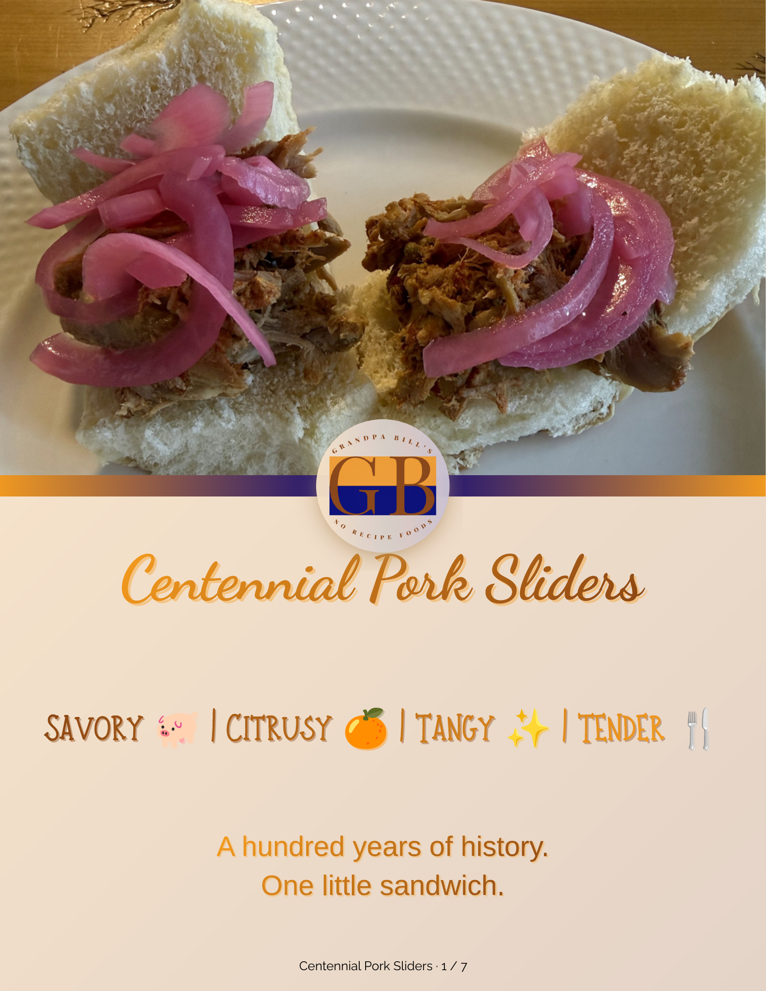 Centennial Pork Sliders with orange-guajillo sauce and pickled red onions on Hawaiian rolls