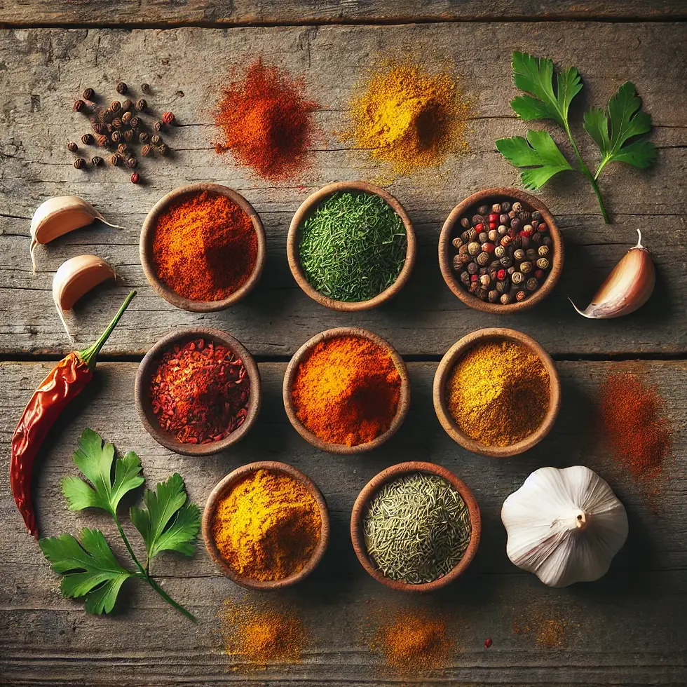 A cozy and inviting photo of a clear glass spice jar with a natural kraft paper label reading “SPICE,” placed on a rustic wooden table. Surrounding the jar are garlic cloves, a small dish of vibrant yellow turmeric, and blurred spice jars in the background, creating a warm, earthy atmosphere.