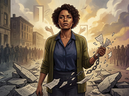 Ilustração de uma mulher rompendo correntes e rasgando papéis enquanto caminha entre uma multidão, simbolizando resistência feminina e a luta por liberdade e igualdade no Dia Internacional da Mulher.