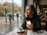 Mulher madura olhando pela janela com expressão reflexiva, simbolizando envelhecimento, saudade da juventude e urgência de viver.