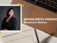 Arte gráfica da Literária Mais com foto da escritora Rosemere Gomes e destaque para microcontos vencedores do desafio literário.