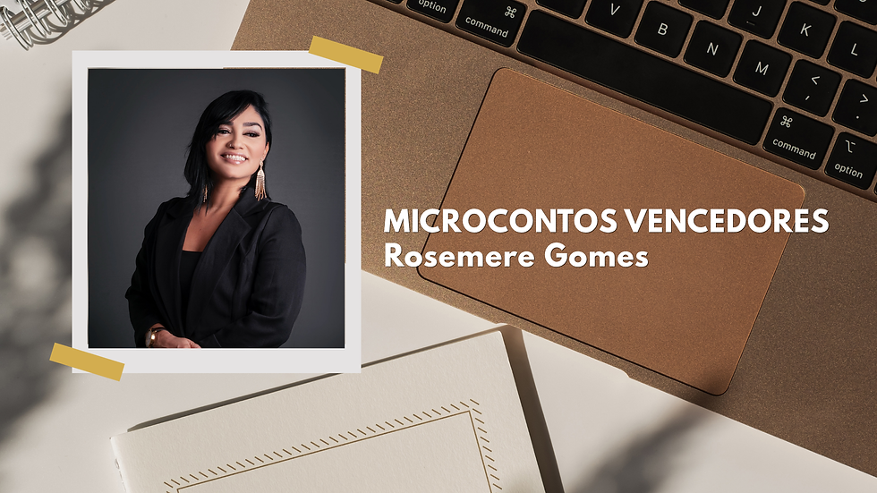 Arte gráfica da Literária Mais com foto da escritora Rosemere Gomes e destaque para microcontos vencedores do desafio literário.