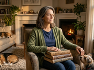Mulher refletindo sobre amor e contos de fadas com livros como Cinderela no colo, cercada por cães, simbolizando a descoberta de que príncipe encantado não existe.