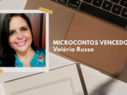 Arte gráfica da Literária Mais com foto da escritora Valéria Russo e destaque para microcontos vencedores do desafio literário.