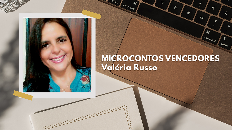 Arte gráfica da Literária Mais com foto da escritora Valéria Russo e destaque para microcontos vencedores do desafio literário.