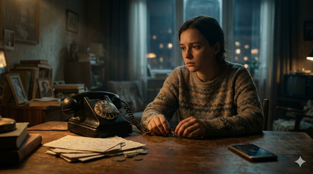 Jovem pensativa segurando o fio rompido de um telefone antigo, simbolizando a falta de conexão emocional no amor na era digital.