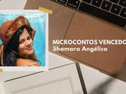 Arte gráfica da Literária Mais com foto da escritora Shamara Angélica usando chapéu de couro e destaque para os microcontos vencedores do desafio literário.