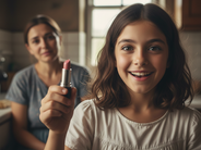 uma menina sorrindo, segurando um batom cor de rosa e ao fundo sua mãe observando emocionada