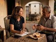 Mulher conversando com o pai sobre memórias da infância em uma varanda, simbolizando valores familiares e histórias de vida.