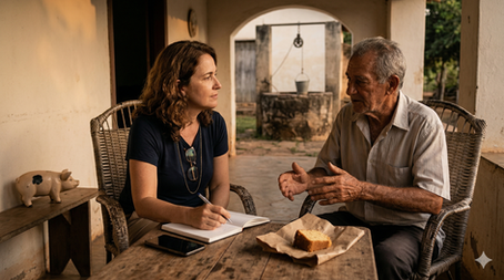 Mulher conversando com o pai sobre memórias da infância em uma varanda, simbolizando valores familiares e histórias de vida.