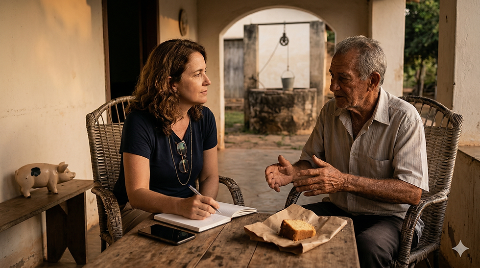Mulher conversando com o pai sobre memórias da infância em uma varanda, simbolizando valores familiares e histórias de vida.