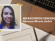 Arte gráfica da Literária Mais com foto da escritora Vanessa Miceno Sodré e destaque para microcontos vencedores do desafio literário.