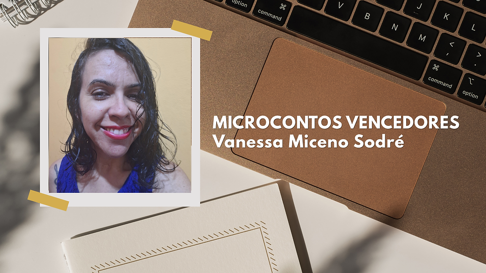 Arte gráfica da Literária Mais com foto da escritora Vanessa Miceno Sodré e destaque para microcontos vencedores do desafio literário.