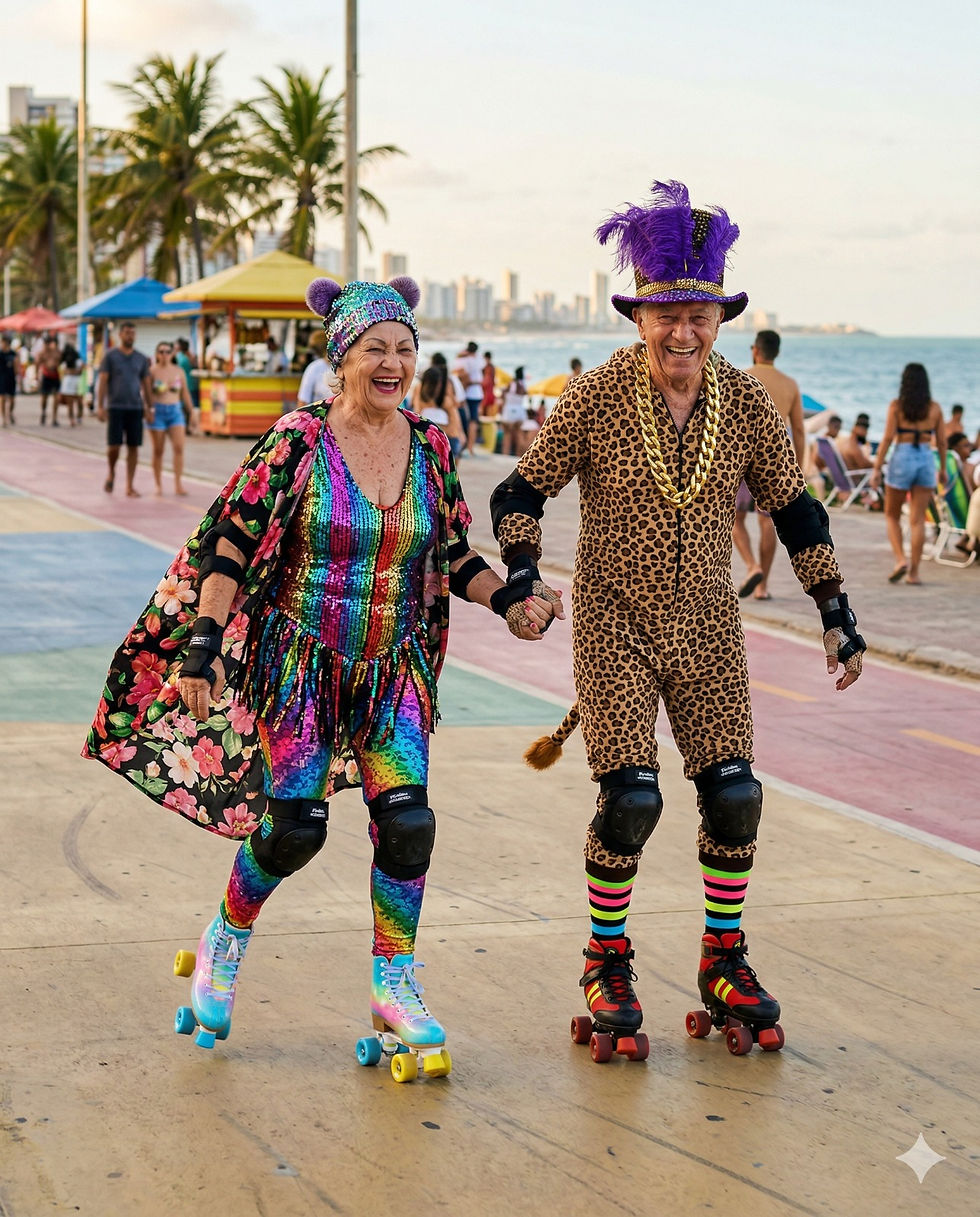 Casal de idosos fantasiado e de patins sorrindo de mãos dadas em calçadão à beira-mar.