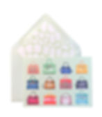 Luxury handbags birthday card with illustrated bags in vibrant colors with matching lined envelope in mint green.