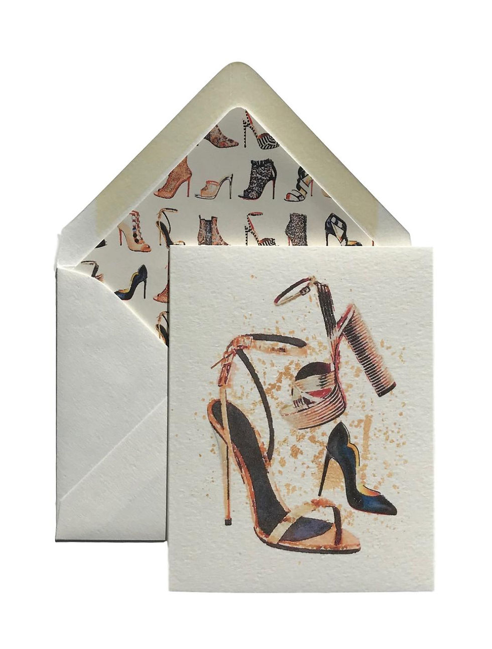 Miniatura: Bold, illustrated black and gold high heels in various styles create a chic and stylish note card.