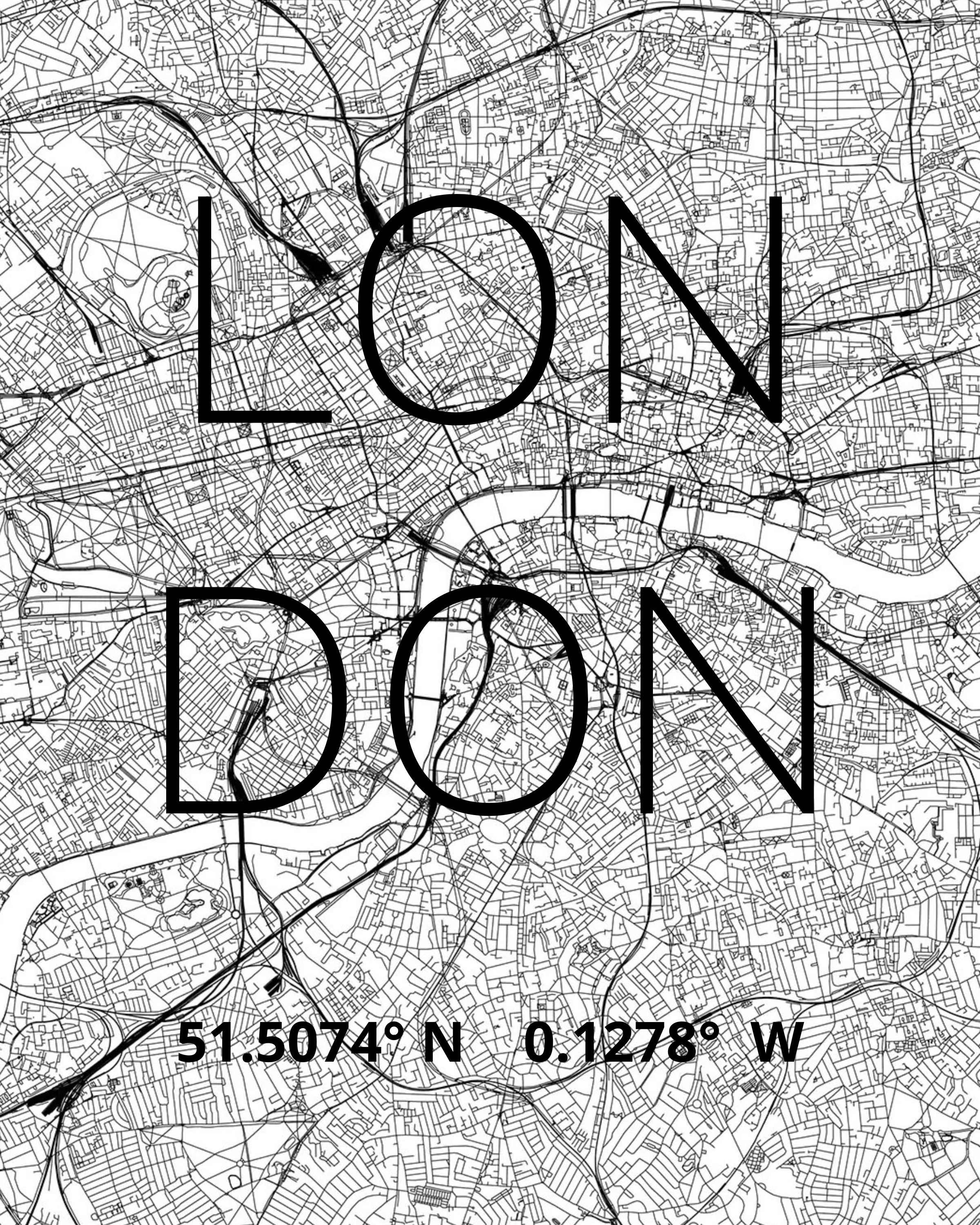 London City map poster with latitude and longitude.