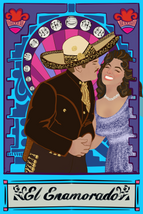 Jose Alfredo Jimenez singing to a girl, Art Nouveau style.