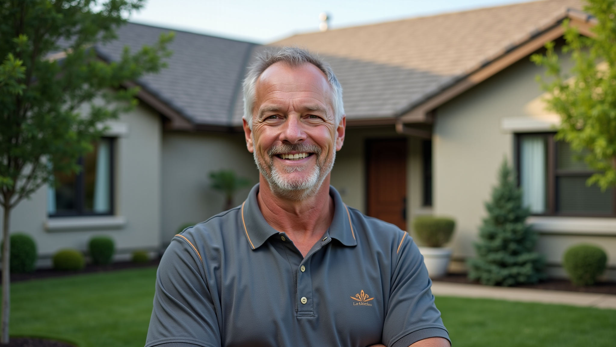 This is a happy homeowner who just received a roof from Highland Roofs.