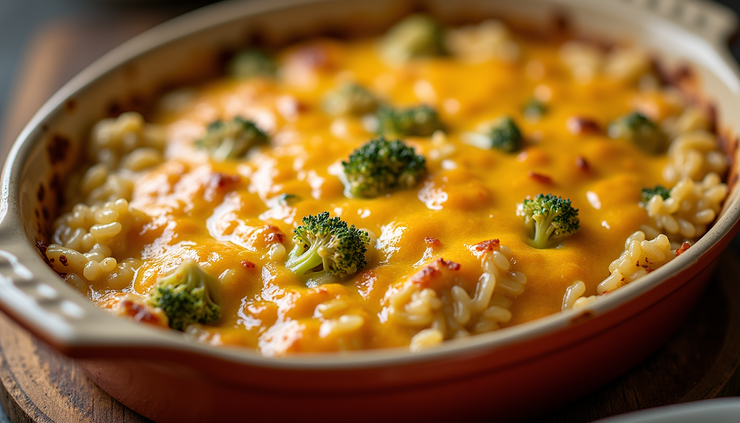 Close-up of a cheesy golden crust on a chicken broccoli rice bake in a ceramic dish