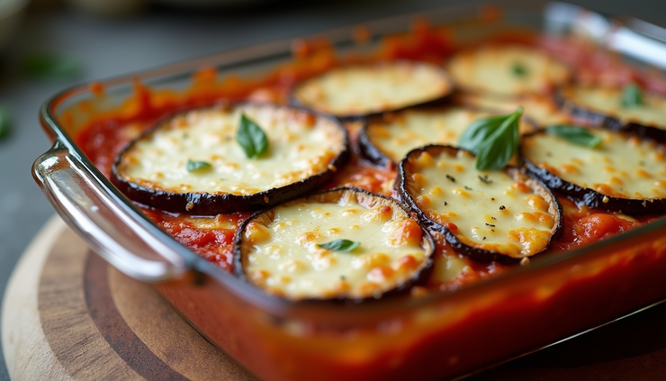 Close-up view of golden seared eggplant slices layered with marinara and melted cheese in a baking dish