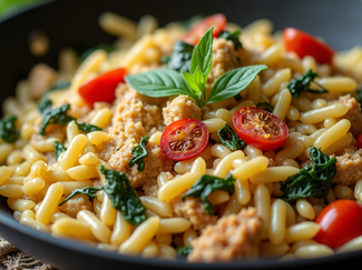 Easy One-Pan Creamy Orzo with Ground Chicken Spinach and Sun-Dried Tomatoes Recipe