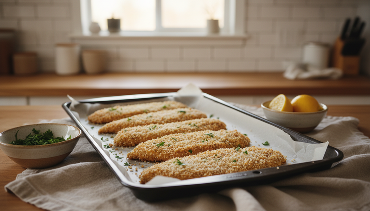 Close-up view of breaded chicken cutlets before baking.