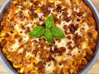 Spicy Sausage Tortellini Pizza Bake