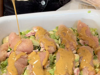 Savory Hot Honey Mustard Chicken Bake with Crispy Brussels and Bacon Recipe